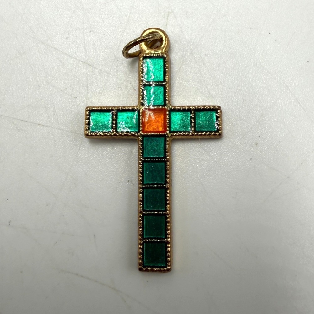 Vintage Green Orange Enamel Mosaic Cross Pendant Gold Tone Religious Charm